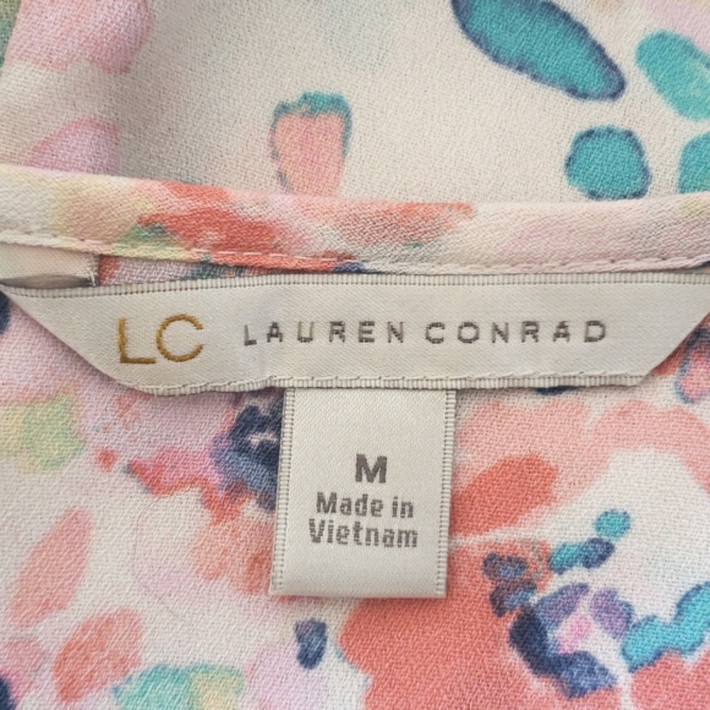LC LAUREN CONRAD Sleeveless Blouse Watercolor Floral Ruffle Shoulders • MEDIUM - Picture 14 of 16